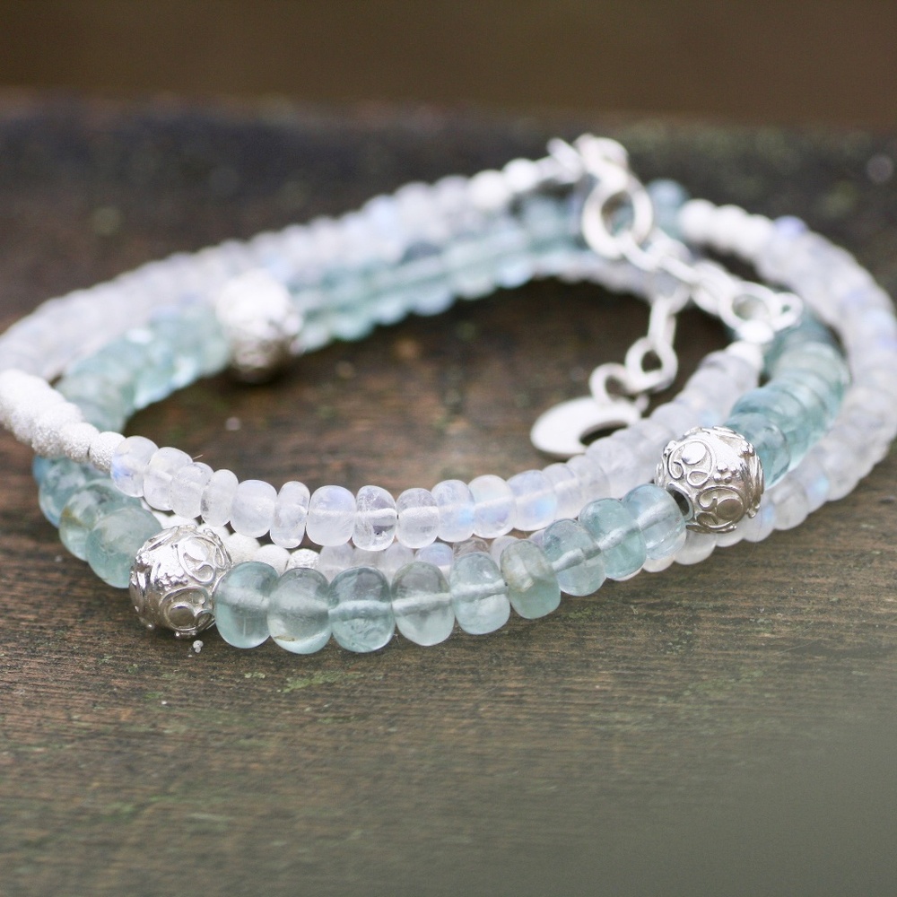 Natural Aquamarine Moonstone Wrap Bracelet Long Necklace Sterling Silver 925